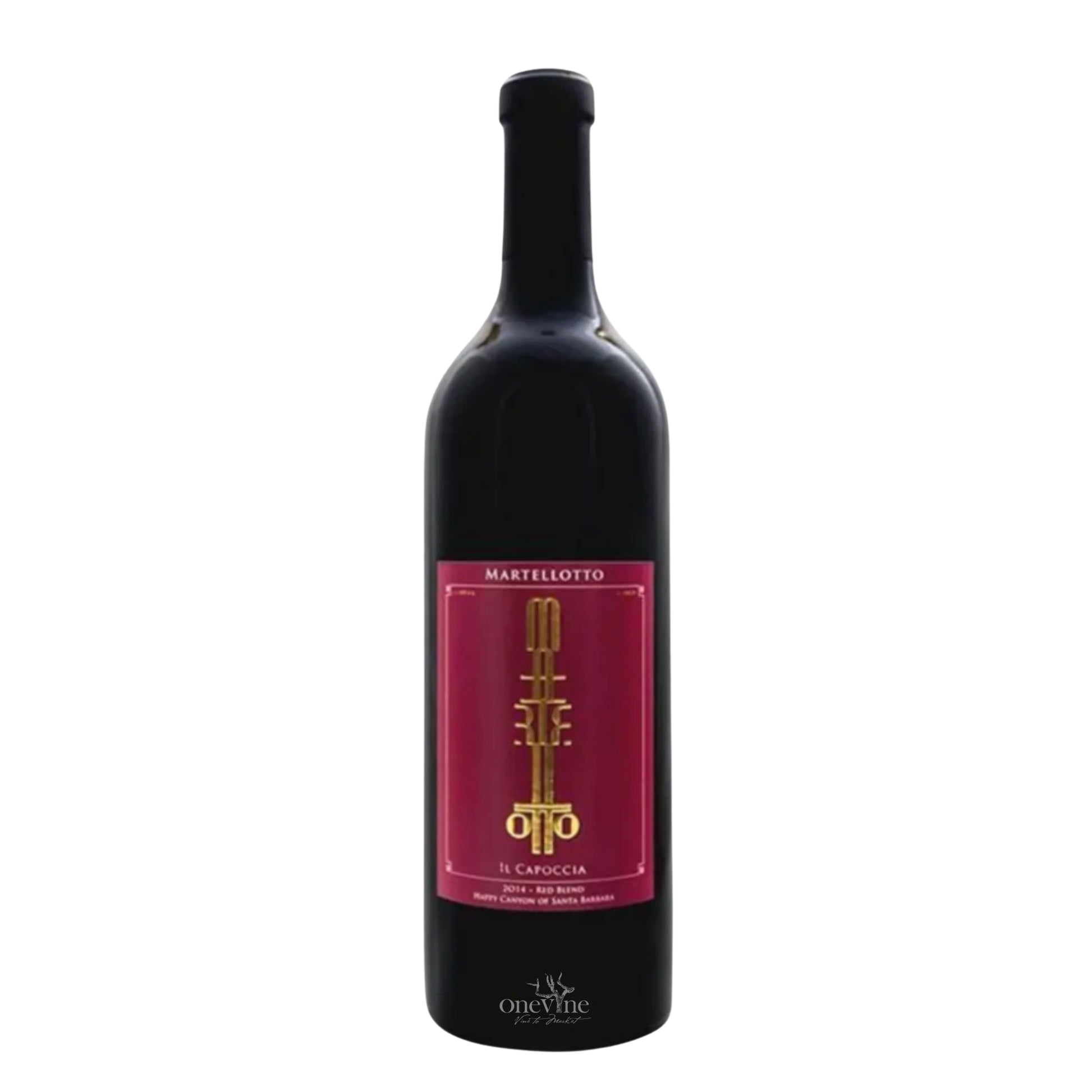 2014MartellotoIllCapocciaReserveHappyCanyonosSantaBarbararedBlend wine bottle with a white background.