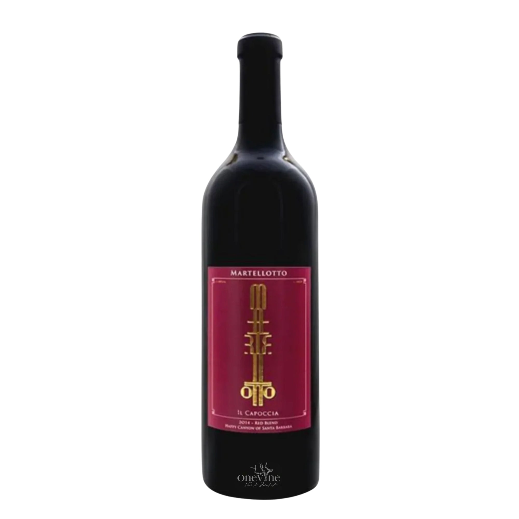 2014MartellotoIllCapocciaReserveHappyCanyonosSantaBarbararedBlend wine bottle with a white background.