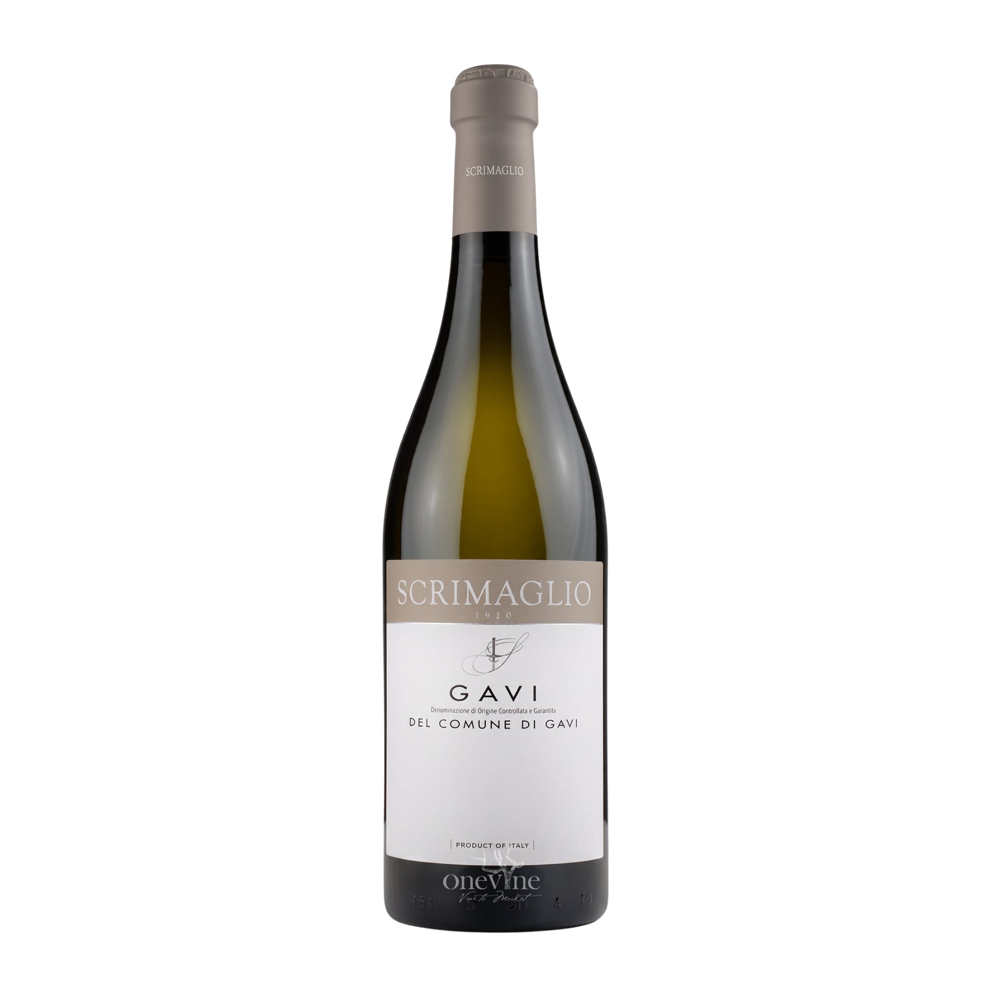 2025 Scrimaglio Gavi del Comune di Gavi white wine bottle, curated by One Vine Wines.