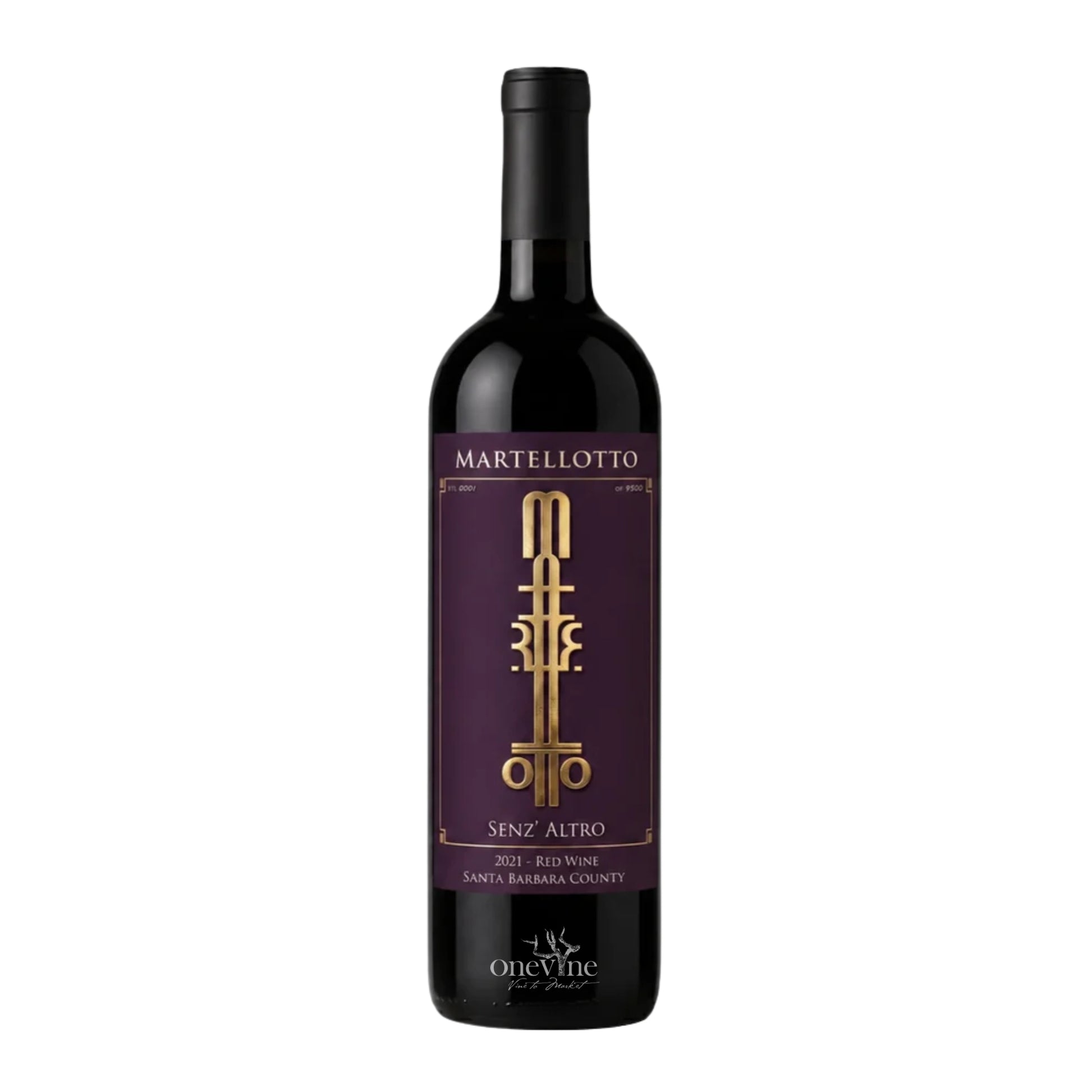 A bottle of 2021 Martellotto Senz Altro red wine with a dark purple label featuring a gold treble clef design and a black cap, set against a plain white background.