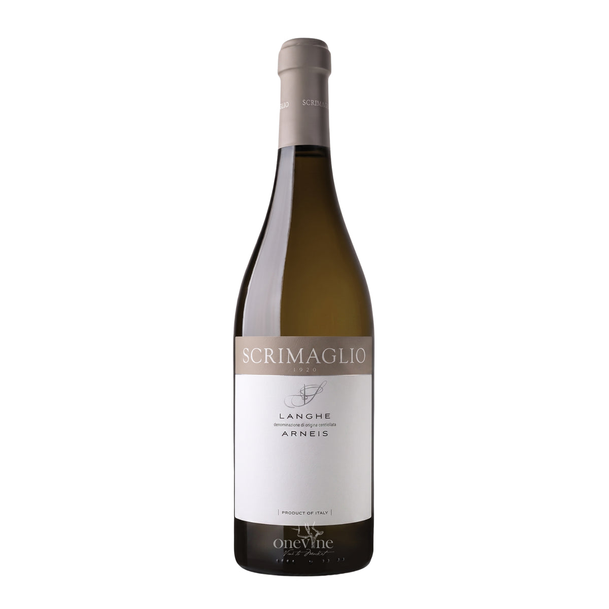 2025 Scrimaglio Langhe Arneis Piedmont white wine bottle, curated by One Vine Wines.
